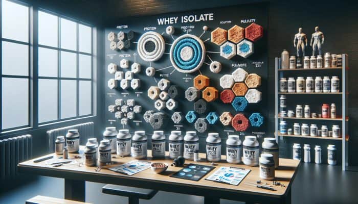 Comparison chart of whey isolate brands with protein content, purity, and flavors, gym equipment backdrop.