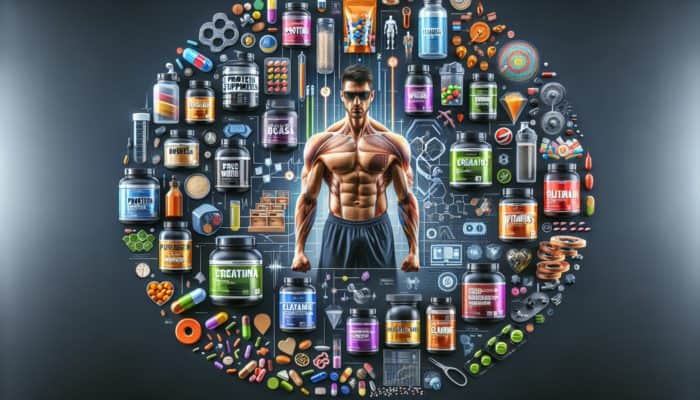 Supplements in Fitness Influencer Diets: Collage of fitness supplements including protein powders, BCAAs, creatine, and more, surrounding a muscular athlete in a gym.