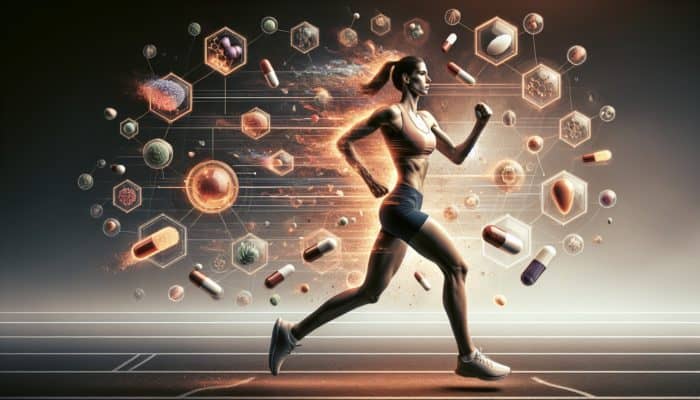 Best Fat Burners For Athletes:Athlete running on track with supplements and metabolic symbols enhancing fat loss.