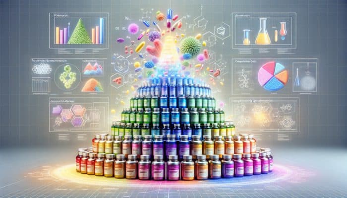 Safety Tips for Stacking Supplements: Colorful supplement bottles stacked strategically, symbolizing enhanced wellness, on a biochemical diagram background.
