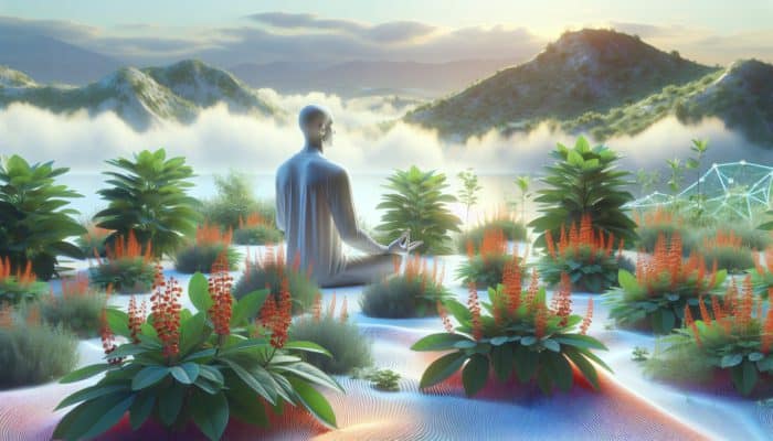 A person meditating among ashwagandha plants, with decreasing cortisol levels, symbolizing stress reduction.