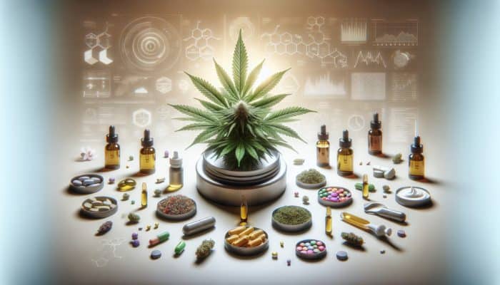 CBD supplements for recovery: Various CBD supplement forms around a blooming cannabis plant, symbolizing health and recovery.