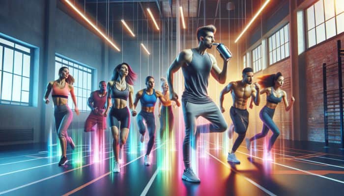 Pre-Workouts for Dance Fitness: Energetic dance fitness class using pre-workouts in a modern, well-lit gym with dynamic lighting.