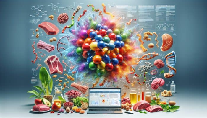 Protein for Bodybuilding Prep: A colorful protein molecule with amino acids, surrounded by muscle fibers, hormones, enzymes, and various food sources.