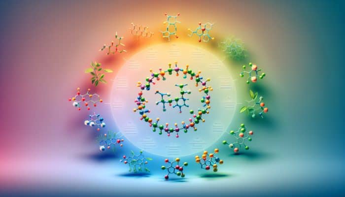 Illustration of nine essential amino acids in colorful molecule structures arranged in a circle on a gradient background.
