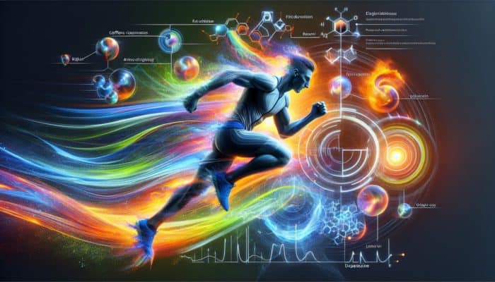 Athlete running with enhanced energy and focus, surrounded by symbols of caffeine's performance-boosting effects.