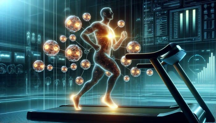 A person running on a treadmill in a futuristic lab, surrounded by oxygen molecules and VO2 Max graphs.