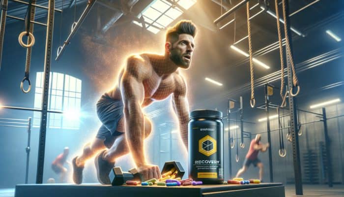 An athlete energized by recovery supplements performs a high-intensity Crossfit workout in a vibrant gym.