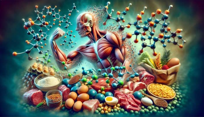 How Athletes Use Protein Daily: Illustration of protein molecules repairing muscle fibers, with protein-rich foods in the background.