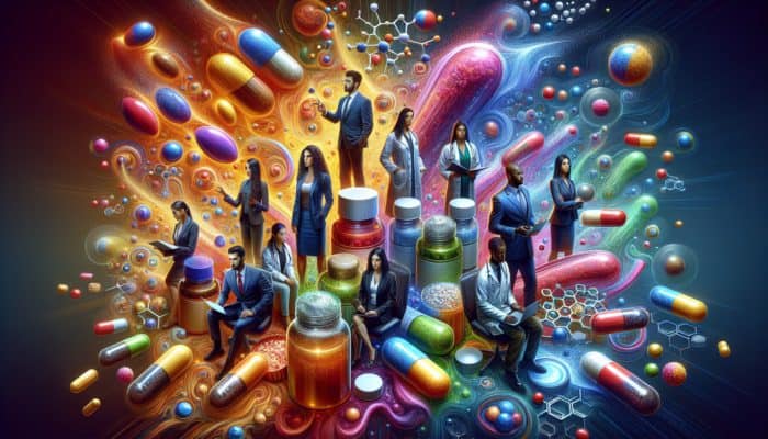 Risks of High-Dose Caffeine Supplements: High-dose caffeine supplements in various forms, surrounded by energetic professionals and focused students.
