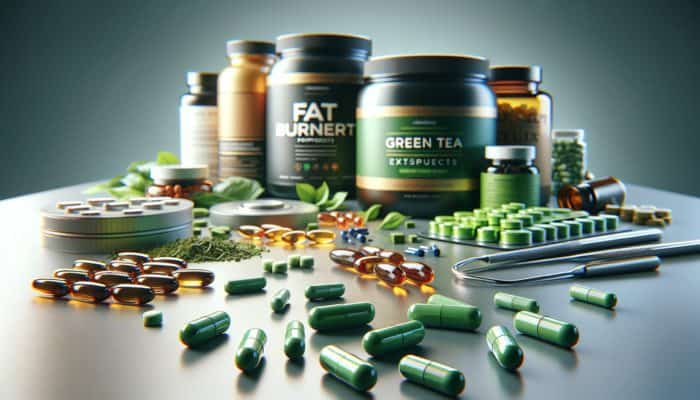 Supplements to Aid Weight Management: Various weight management supplements on a modern table, with green tea extract capsules in foreground.