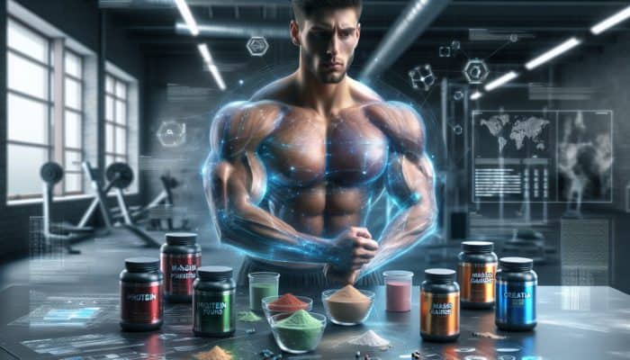 Supplements for Bulking Diets: A muscular athlete in a gym with various bulking supplements, showing muscle growth and determination.