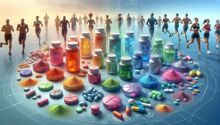 Top Hydration Supplements Compared: Colorful hydration supplements in powders and tablets, with water droplets and electrolytes, against a backdrop of active people in a hot, sunny environment.