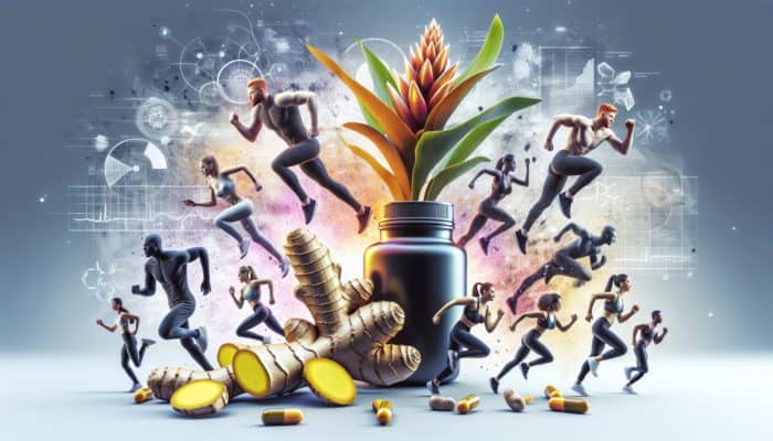Black Ginger Extract For Performance: Illustration of black ginger root from Kaempferia parviflora energizing athletes and fitness enthusiasts.