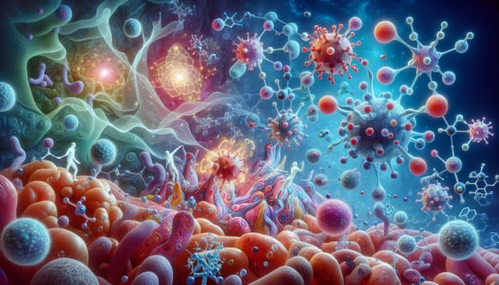 Glutamine for Immune-Compromised: Illustration of glutamine molecules boosting immune cells, contrasting stressed and healthy tissues.