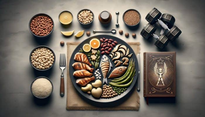 Supplements for High-Protein Diets: A balanced meal plan with chicken, fish, legumes, and a fitness journal with weights.