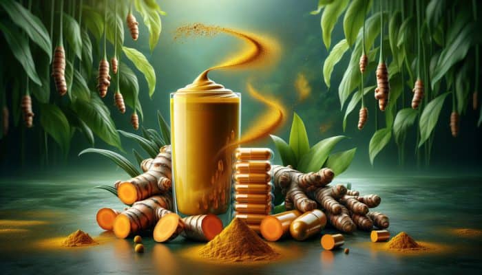 A vibrant display of turmeric supplements including capsules, powder in a smoothie, and extract drops with fresh turmeric roots and leaves.