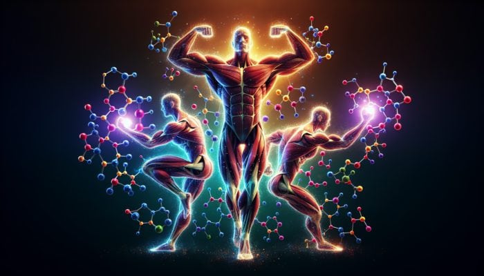 BCAAs For Track Athletes: Illustration of leucine, isoleucine, and valine forming muscles, with energy bursts showing their role in athletic recovery.