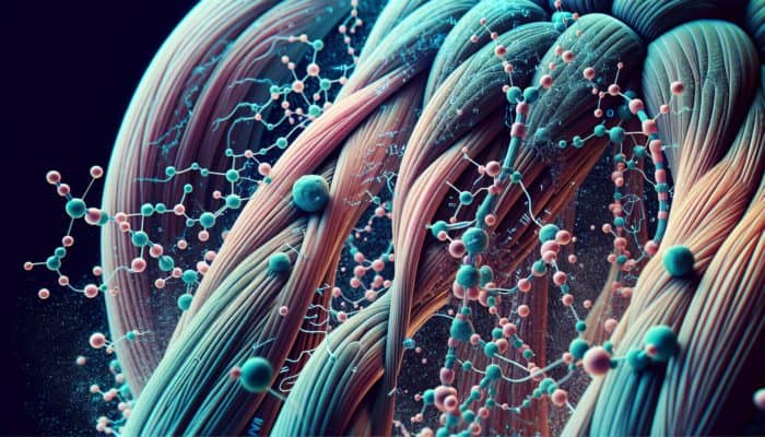 Building Lean Muscle With Protein: Anatomical illustration of muscle fibers with micro-tears being repaired and strengthened by protein molecules.