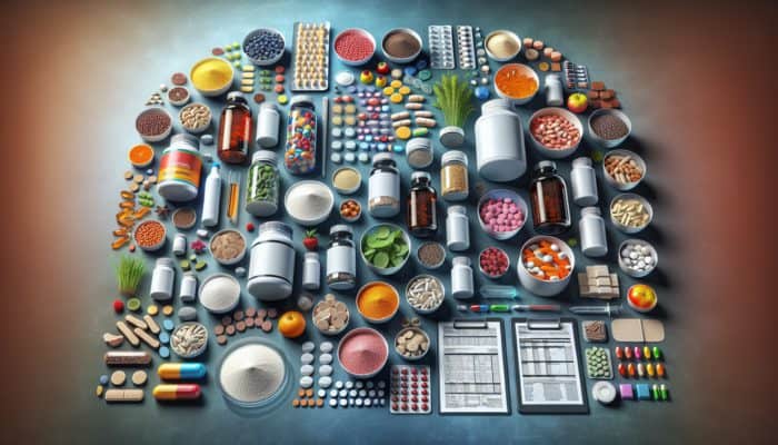 Supplements for Casual Athletes: Diverse dietary supplements in tablets, powders, liquids, enhancing athlete's nutrition for fitness and health.