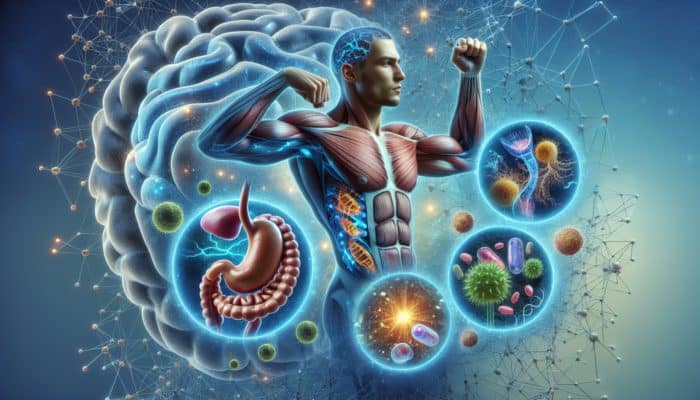 Timing Glutamine for Optimal Results: Illustration of glutamine molecules aiding muscle growth, immune function, and gut health.