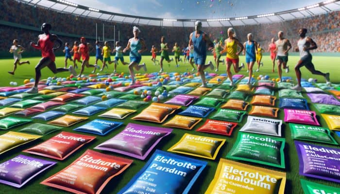 Best Electrolyte Powders Tested: Colorful electrolyte powder packets on a sports field, labeled with essential minerals, athletes in background.