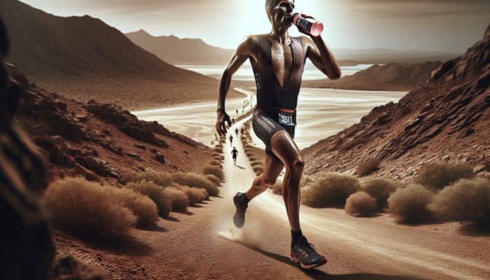 Athlete consuming electrolyte powder during a triathlon in hot desert conditions, on rugged trails.