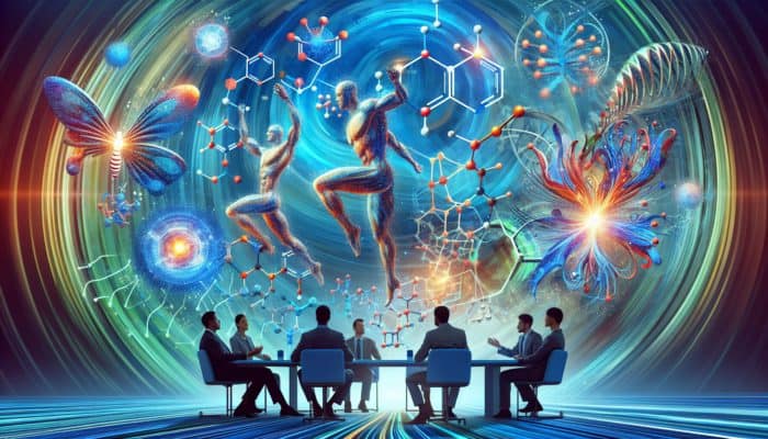 Infographic showing experts discussing beta-alanine benefits, with molecular structures and performance graphs on a blue and green background.