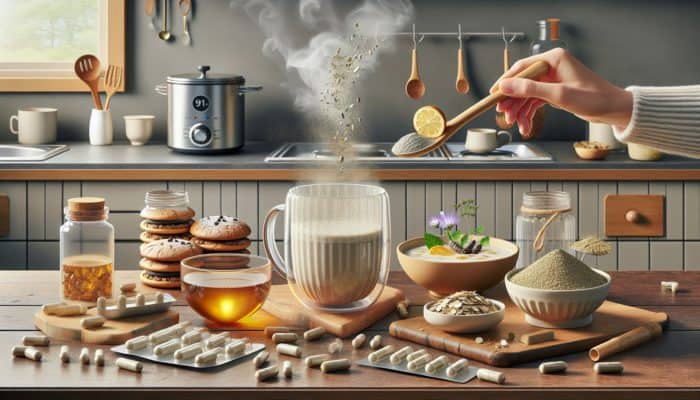 Ashwagandha powder added to protein shake, oatmeal, baked goods; capsules and tea with honey and lemon.