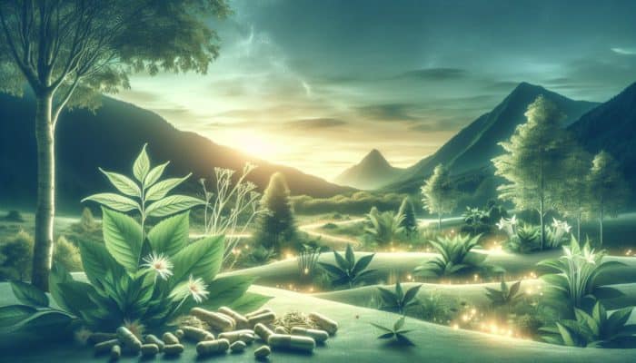 Adaptogens Taking Over Fitness: A serene landscape with glowing ashwagandha and ginseng, symbolizing stress relief and enhanced athletic performance.