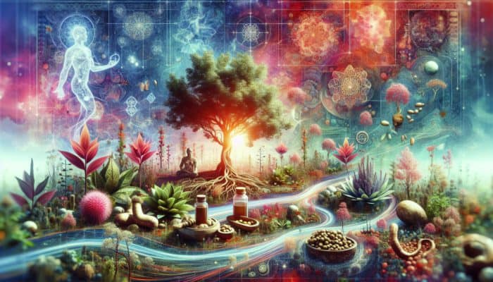 Integrating Adaptogens Into Diets: A serene landscape with vibrant adaptogenic plants like ashwagandha and ginseng, symbolizing vitality and longevity in Ayurveda and Traditional Chinese Medicine.