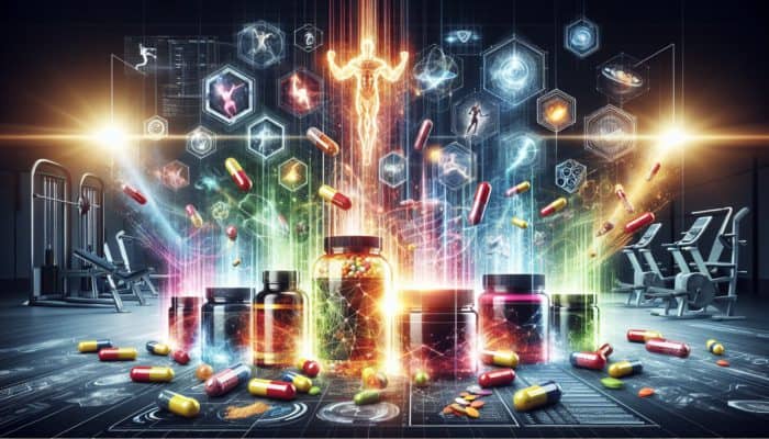 Boosting Energy With Pre-Workouts: Vibrant pre-workout supplements in capsules and powders with energy bursts and gym background.