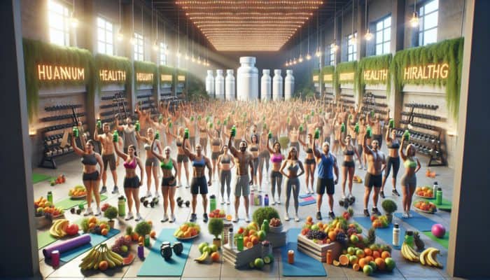 Intro to Fat-Burning Supplements: Diverse people in a modern gym holding fat-burning supplements, surrounded by fruits, weights, and mats, radiating health and determination under bright lights.