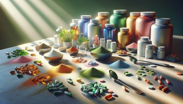 Vibrant display of fat-burning supplements on a sleek table: colorful pill bottles, protein scoops, green tea leaves, and herbal capsules in soft light.