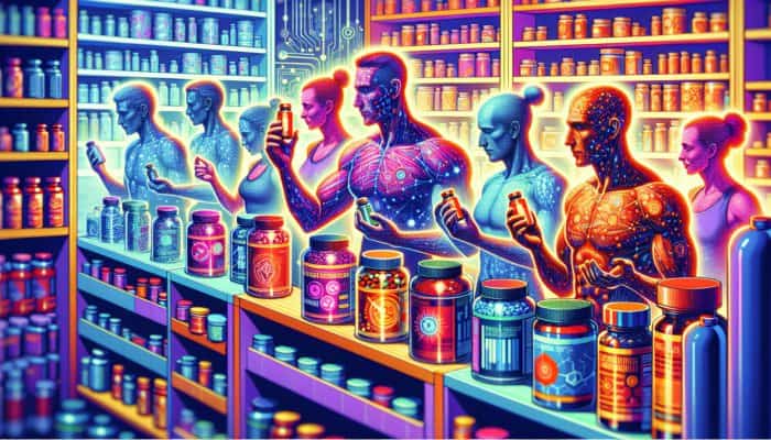 Diverse people in a modern gym selecting colorful fat-burning supplements, each examining a unique bottle for personalized weight loss.