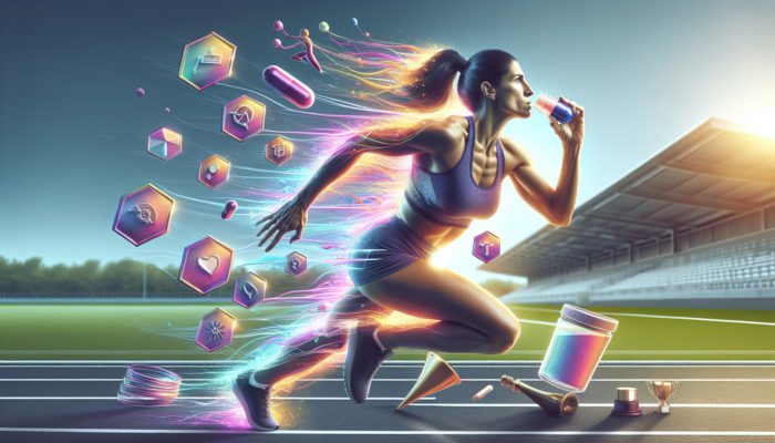 A determined athlete runs on a sunlit track, swallowing an energy capsule with radiating waves, surrounded by trophies and sweat droplets.