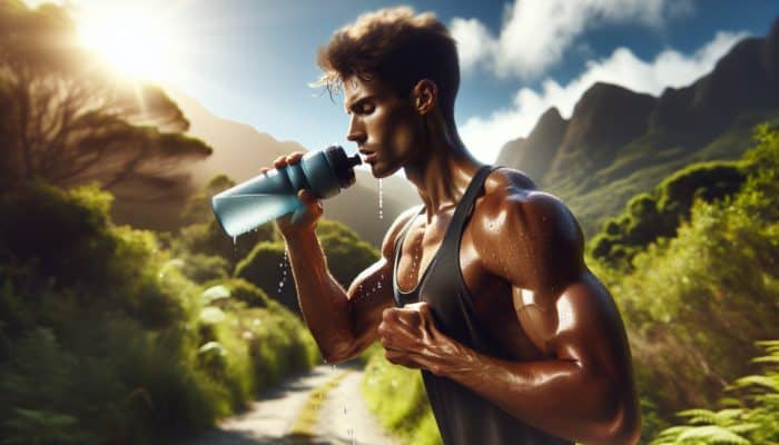 Hydration Hacks from Athletes: Determined athlete pauses during trail run to sip from sports bottle, sweat on focused face, with greenery and distant mountains.